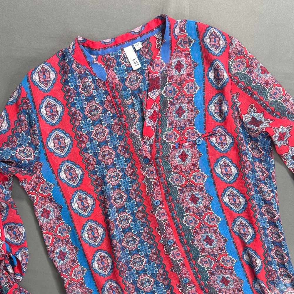 KUT from the Kloth Jasmine Chiffon Blouse Red Blue Boho Floral Paisley Size L